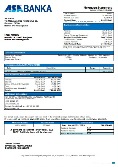 Download Bosnia and Herzegovina ASA Banka bank mortgage statement scr Photoshop template
